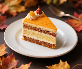 Close-up with a macro lens of one section of a layer cake on a plate, decorated aesthetically and luxuriously. Use autumn colors for the layer cake.