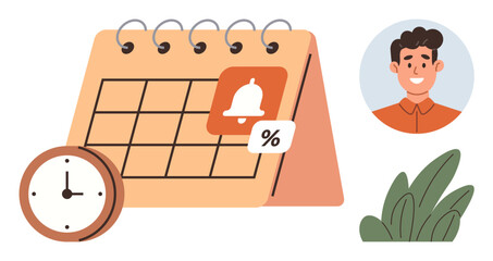Calendar with a reminder bell and discount icon, a clock for time reference, user profile icon, and plant. Ideal for scheduling, reminders, planning, personal management, productivity business
