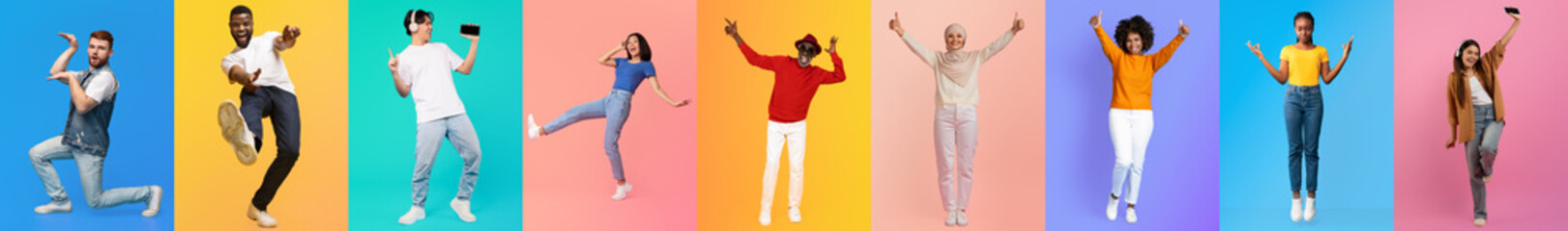 A group of diverse individuals is expressing happiness through playful poses and gestures. The...