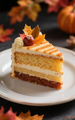 Close-up with a macro lens of one section of a layer cake on a plate, decorated aesthetically and luxuriously. Use autumn colors for the layer cake.