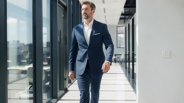 Confident business leader walking through modern corporate office demonstrating executive presence and professional success