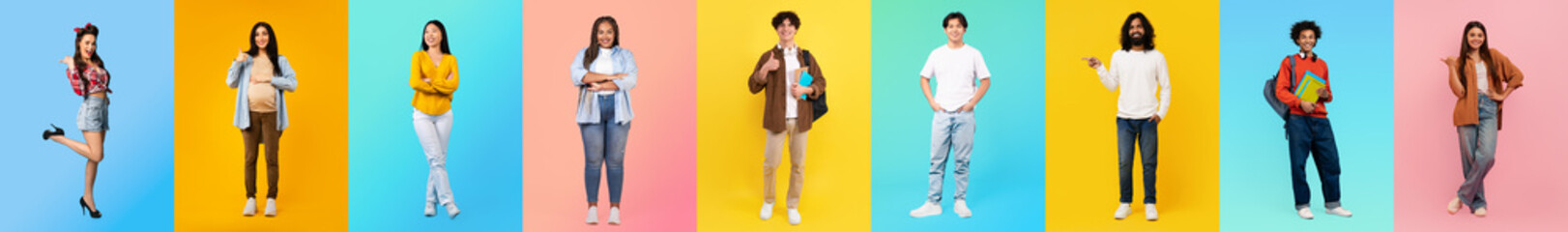 A full-length collage of diverse individuals stands against vibrant backgrounds, highlighting a mix...