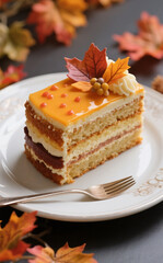 Close-up with a macro lens of one section of a layer cake on a plate, decorated aesthetically and luxuriously. Use autumn colors for the layer cake.