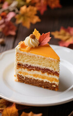 Close-up with a macro lens of one section of a layer cake on a plate, decorated aesthetically and luxuriously. Use autumn colors for the layer cake.