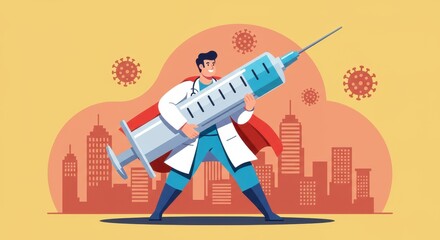 superhero doctor holding giant syringe facing viruses against cityscape. national immunization awareness. healthcare, vaccination, public health, poster, illustration