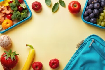 Fuel educational breaks with a top-down composition highlighting lunch box with vegan sandwiches and other food on blue isolated background, inviting the addition of text or advertorial content