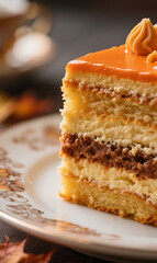 Close-up with a macro lens of one section of a layer cake on a plate, decorated aesthetically and luxuriously. Use autumn colors for the layer cake.