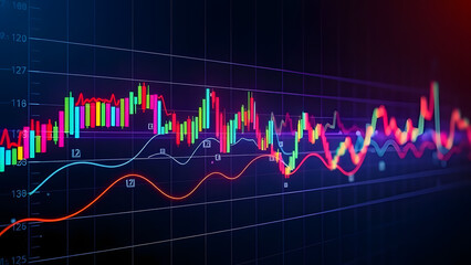 Naklejka premium Vibrant Digital Financial Stock Market Chart Displaying Candlestick Data and Wavy Trend Lines on a Dark Background