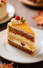 Close-up with a macro lens of one section of a layer cake on a plate, decorated aesthetically and luxuriously. Use autumn colors for the layer cake.