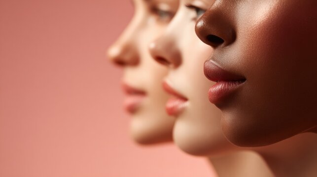 Diverse Female Faces Showcase Glowing Skin Tones Against a Soft Pastel Background With an Empty Left Side for Creative Design