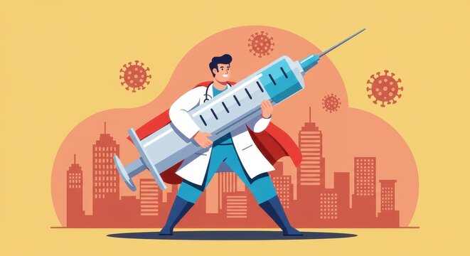 superhero doctor holding giant syringe facing viruses against cityscape. national immunization awareness. healthcare, vaccination, public health, poster, illustration - Powered by Adobe