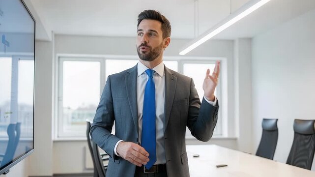 Professional presenter turning to engage audience while explaining business concepts during corporate training or educational seminar
