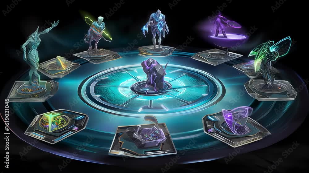 Poster a futuristic scene of several humanoids in sci-fi aesthetics set on platforms of various shapes and 