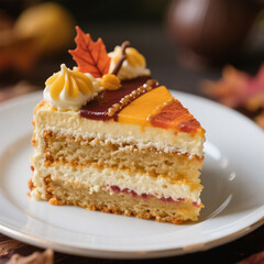 Close-up with a macro lens of one section of a layer cake on a plate, decorated aesthetically and luxuriously. Use autumn colors for the layer cake.