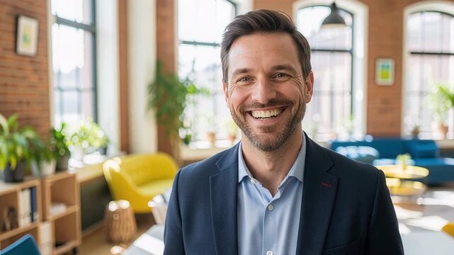 Happy and successful businessman smiling confidently at camera displaying positive attitude and professional achievement in workplace