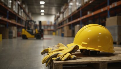 Yellow safety helmet, gloves rest on wooden pallet within vast warehouse. Forklift operates in background amidst shelves stacked with goods, logistics, material handling, industrial operations.