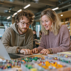 A man and a woman are looking at a laptop together. The man is wearing glasses and the woman is wearing a pink sweater. They seem to be working on something together