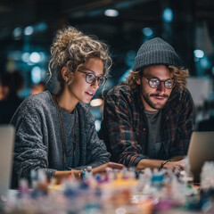 A man and a woman are sitting at a table looking at a laptop. The woman is wearing glasses and the man is wearing a hat. They seem to be working together on something