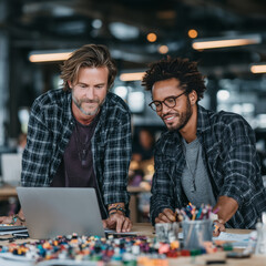 Two men are sitting at a table with a laptop open in front of them. They are looking at the screen and seem to be discussing something. Scene is collaborative and focused