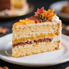 Close-up with a macro lens of one section of a layer cake on a plate, decorated aesthetically and luxuriously. Use autumn colors for the layer cake.
