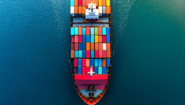 Top view of a container ship at full capacity nearing the port, loading and unloading at the seaport, freight transportation, shipping, logistics, import export, and transportation