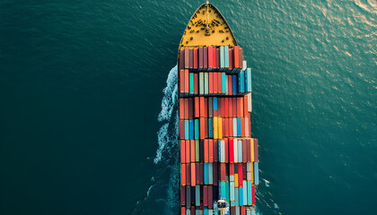 Top view of a container ship at full capacity nearing the port, loading and unloading at the seaport, freight transportation, shipping, logistics, import export, and transportation