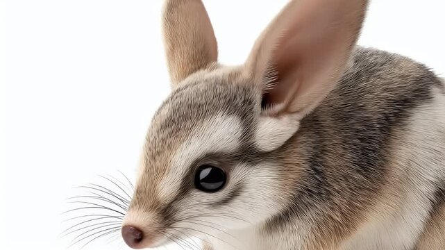 Hyper-Realistic Studio Portrait of a Curious, Striped Desert Rodent with Large Ears on a White Background