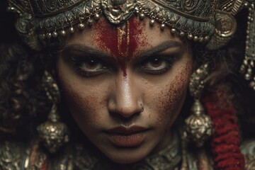 Close-up of a hindu woman wearing traditional garb and tika, looking intensely at the viewer