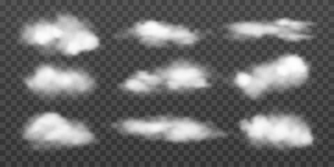 Set of realistic clouds in various forms. Isolated elements with overlay effect. White cumulus clouds, steam, smoke or fog. Cloudy texture, fire smoke wave or smoking explosion. Vector bundle.