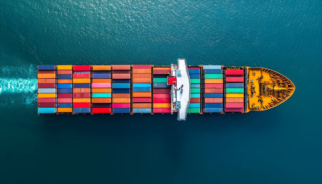 Top view of a container ship at full capacity nearing the port, loading and unloading at the seaport, freight transportation, shipping, logistics, import export, and transportation