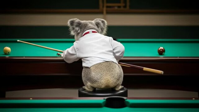 A koala wearing a white shirt and a pool cue playing pool a funny and creative image of an animal enjoying a human hobby and humor