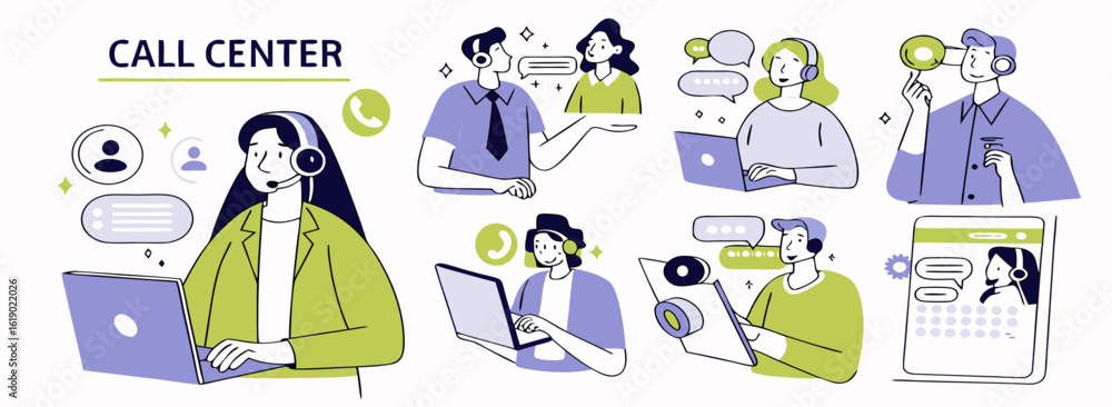 Poster illustration of various call center agents with headsets using laptops and communicating with custom