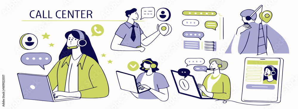 Poster illustration of call center representatives assisting customers with laptops and communication icons
