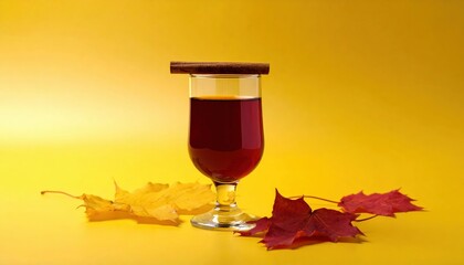 Gradient background from yellow to red-brown like autumn leaves. A transparent glass of mulled wine placed in the center, only a cinnamon stick inside. Subtle focus.