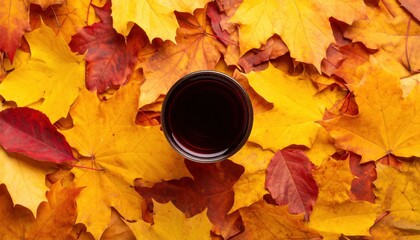 Bright yellow or rust-colored background covered with real autumn leaves. On top — a dark glass filled with mulled wine. Flat lay view.