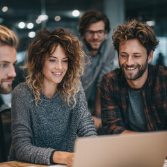 A group of people are smiling and looking at a laptop. The woman is smiling and looking at the laptop, while the other people are also smiling and looking at the laptop. Scene is happy and friendly