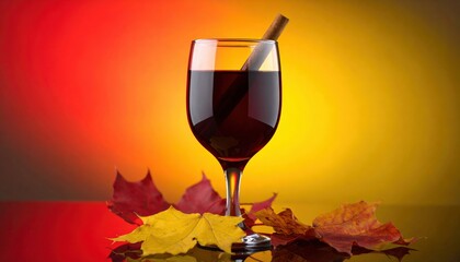 Gradient background from yellow to red-brown like autumn leaves. A transparent glass of mulled wine placed in the center, only a cinnamon stick inside. Subtle focus.