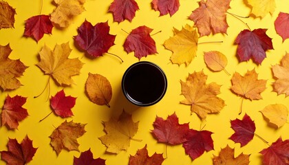 Bright yellow or rust-colored background covered with real autumn leaves. On top — a dark glass filled with mulled wine. Flat lay view.