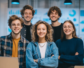 A group of young people are smiling for the camera. They are wearing blue jackets and one of them is wearing glasses