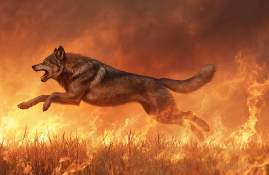 Powerful wolf mid-leap through fiery field under dramatic sky. Flames engulf grass and lick its paws, creating intense, primal scene. This wild beast embodies fury and raw energy in chaotic inferno.