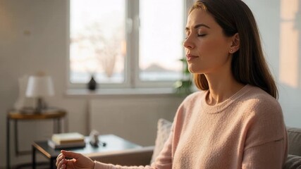 Peaceful woman meditating with closed eyes in serene environment while camera orbits around her creating calming cinematic moment