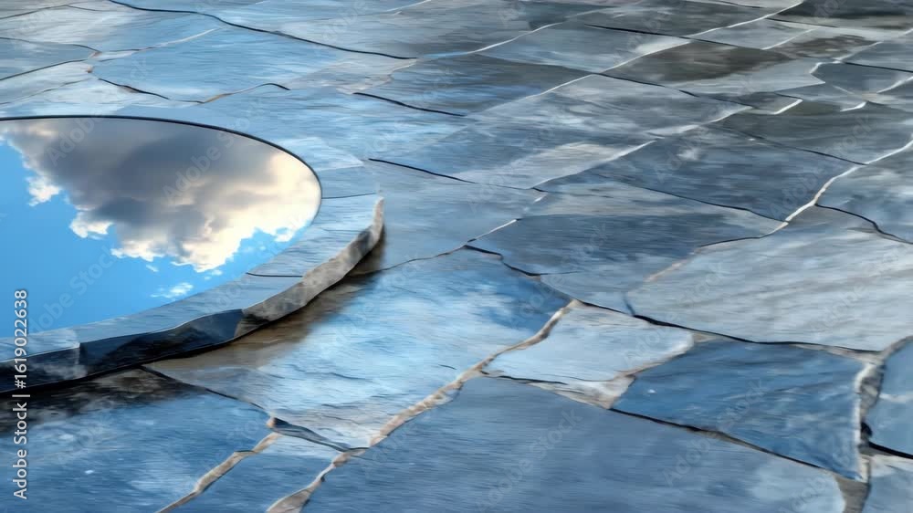 Poster circular reflection of a sky with clouds on a stone surface