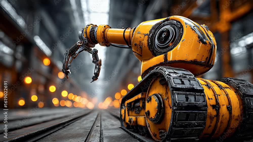 Poster industrial robot crawler: yellow machine on tracks in factory setting