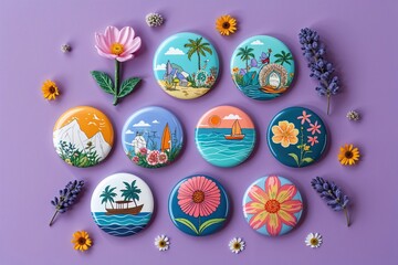 Spring Vacation Travel Badge Collection with Lavender Background Artifacts