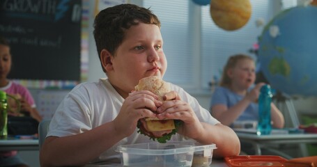 Elementary School Student Sitting at the Desk, Eating Yummy Homemade Sandwich from Lunch Box,...