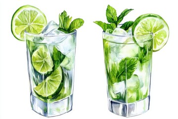 Two refreshing mojito cocktails isolated on white background