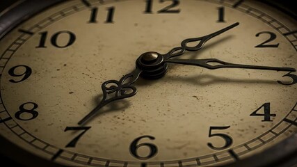Vintage clock face showing time with intricate metal hands and numbers  