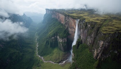 Aerial view of Angel Falls, Venezuela, cascading down a plateau, misty mountains. Travel poster