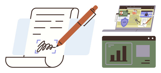 Writing pen on contract paper, analytics dashboard with bar graph, web window with cybersecurity visuals. Ideal for digital contracts, data security, online analysis, technology, business, workflow
