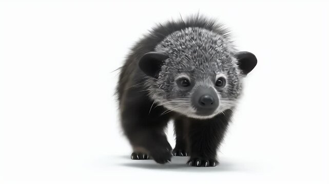Isolated Binturong bearcat walking confidently towards the camera on a clean white background